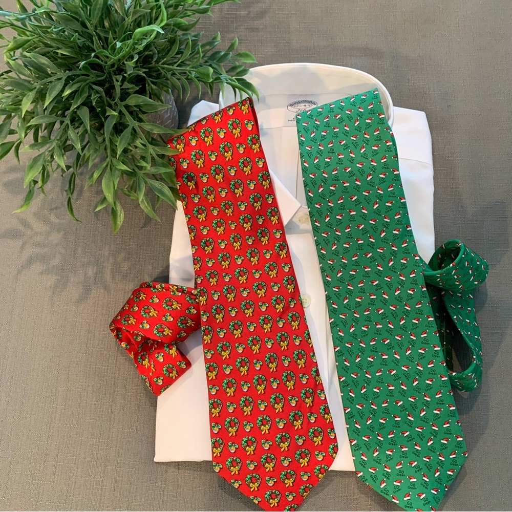 Bundle of Christmas silk ties in holiday red and green.